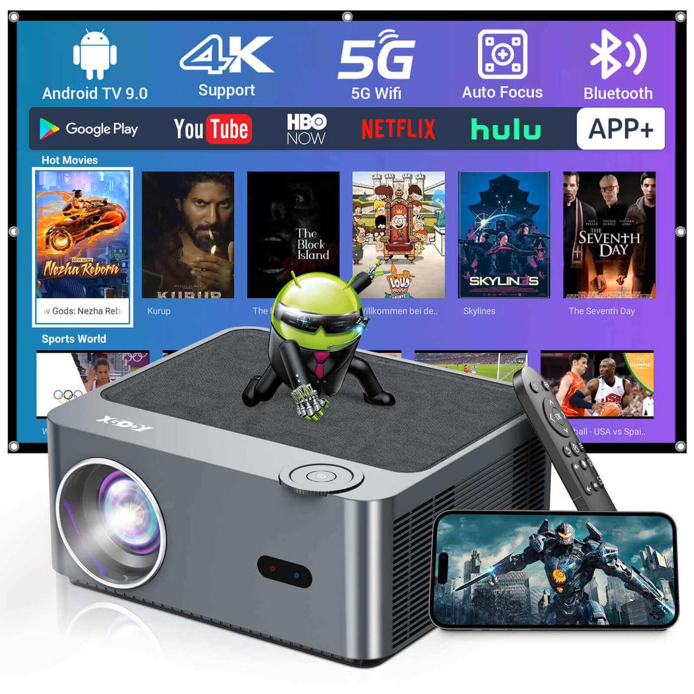 XGODY A45 1080P Projector | 200-inch Home Theater， Smart Projector With Wifi And Bluetooth