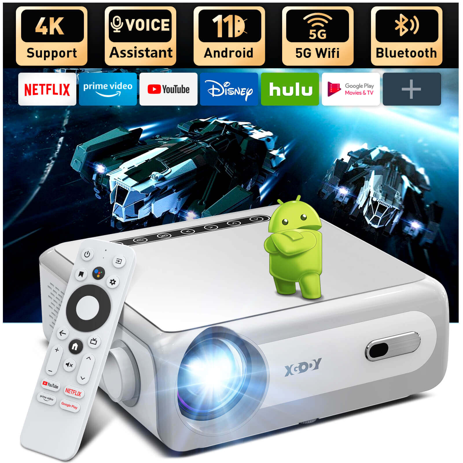 XGODY X1 | Native 1080P Projector 4K With Android 9.0 TV & Dolby Sound, For Wireless Outdoor Movies Night
