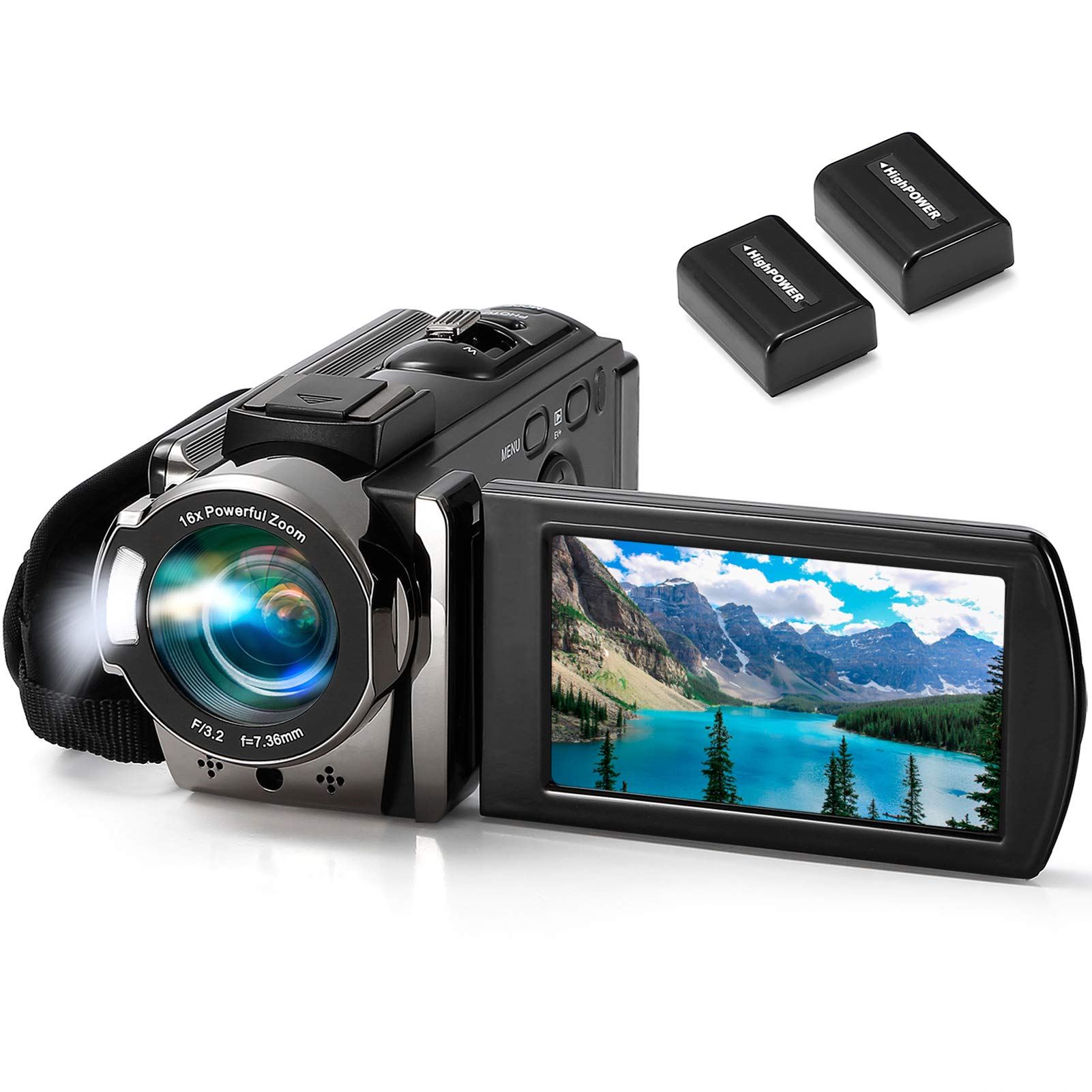 Video Camera Recorder Full HD 1080P 15FPS 24MP 270 Degree Rotation LCD with 2 Batteries(Black)