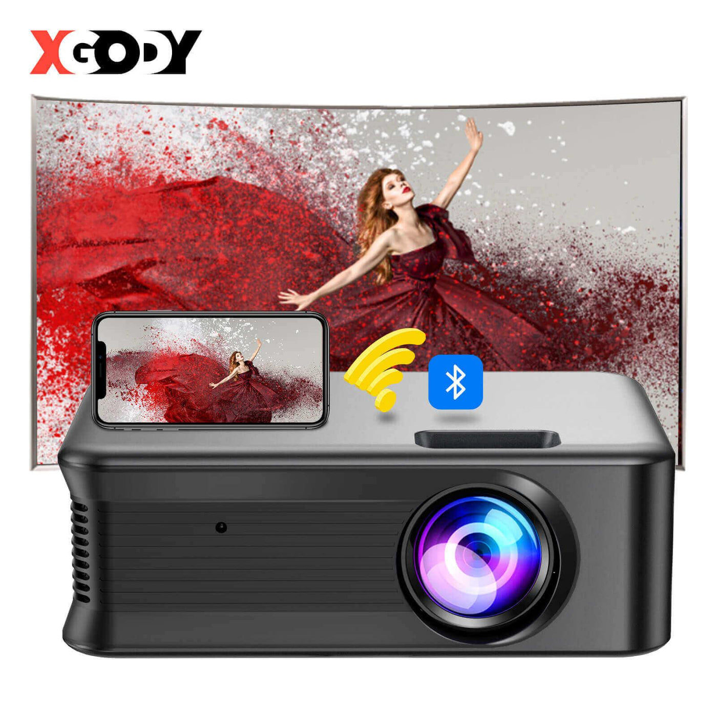 XGODY Mini Video Projector 1080P, Wireless Bluetooth and WiFi Projection